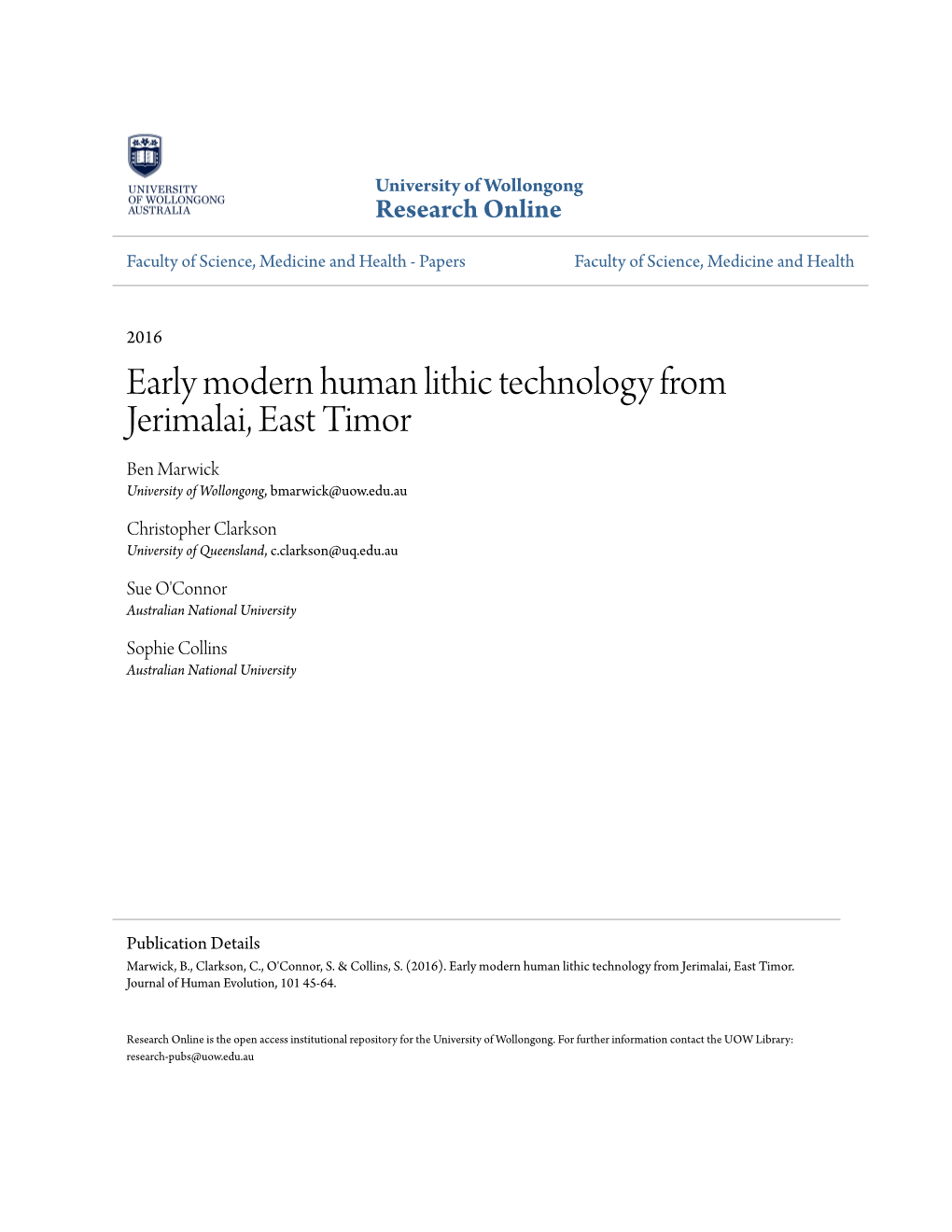 Early Modern Human Lithic Technology from Jerimalai, East Timor Ben Marwick University of Wollongong, Bmarwick@Uow.Edu.Au