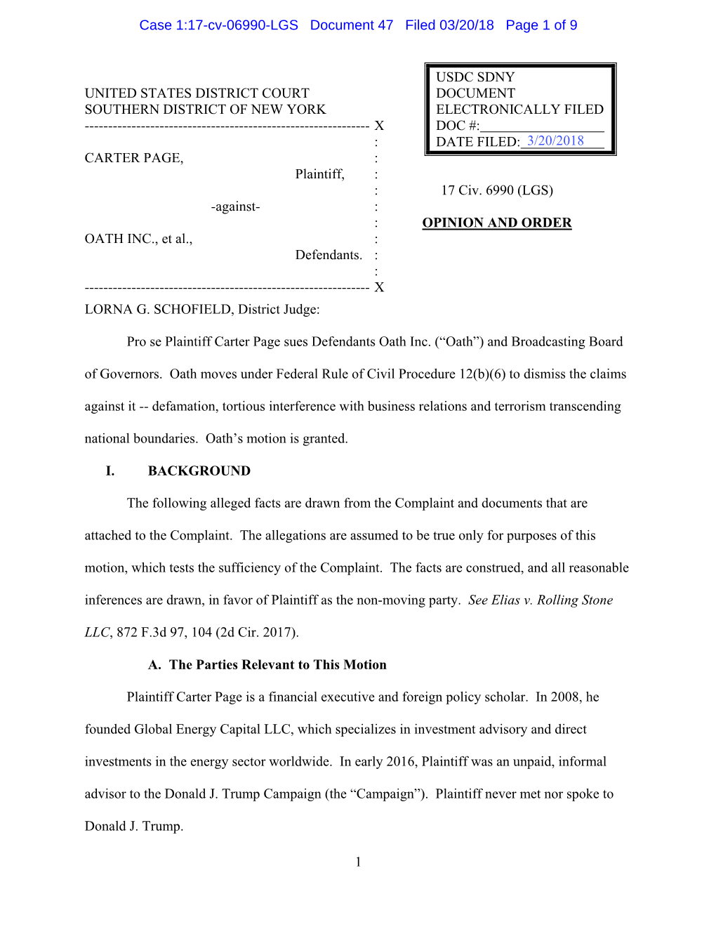 Pro Se Plaintiff Carter Page Sues Defendants Oath Inc