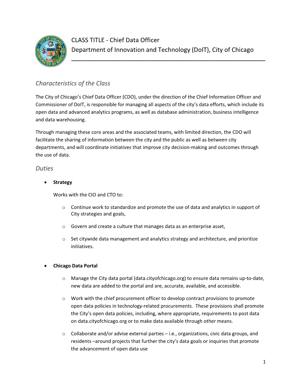 Chief Data Officer Department of Innovation and Technology (Doit), City of Chicago ______