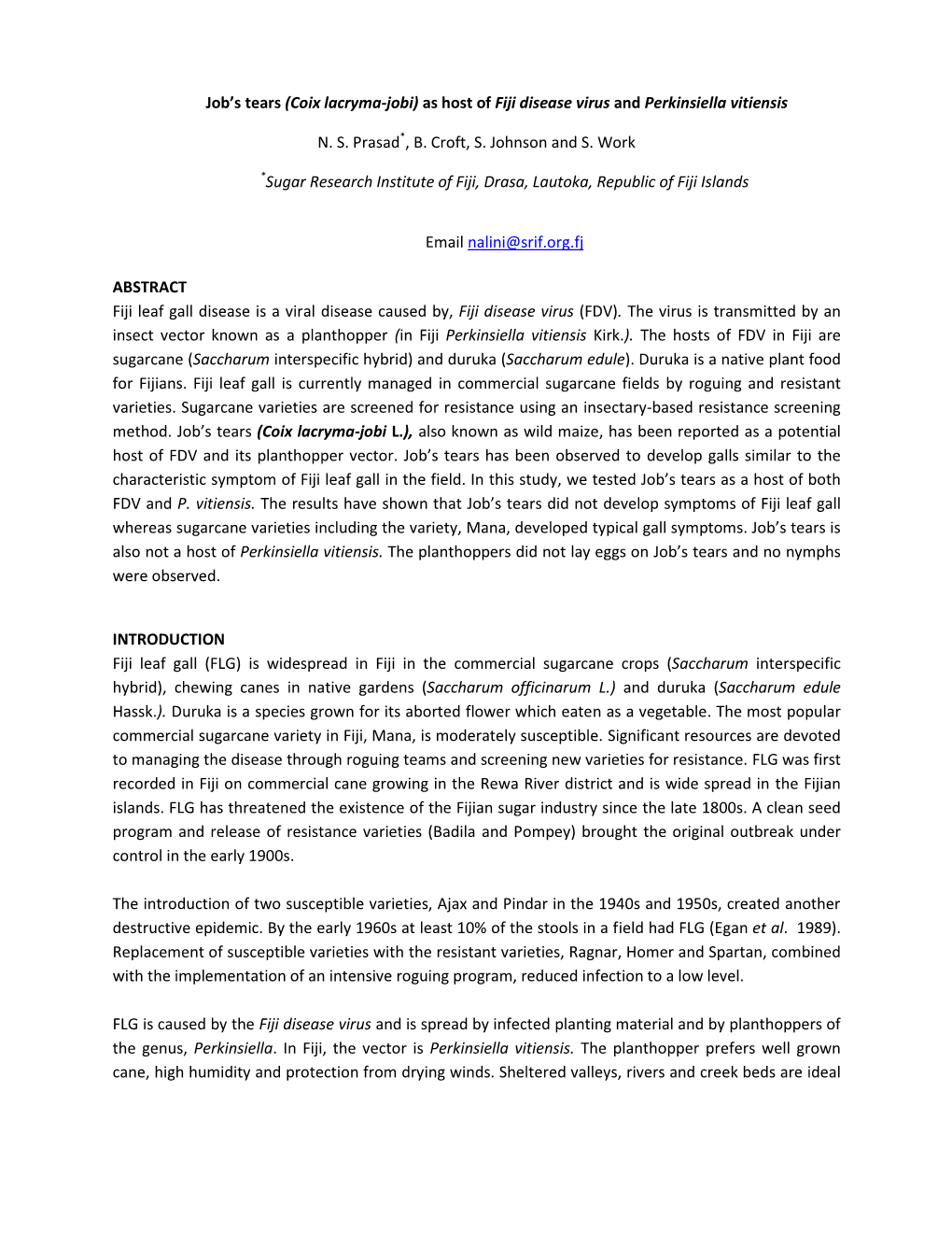 Job's Tears (Coix Lacryma-Jobi) As Host of Fiji Disease Virus and Perkinsiella