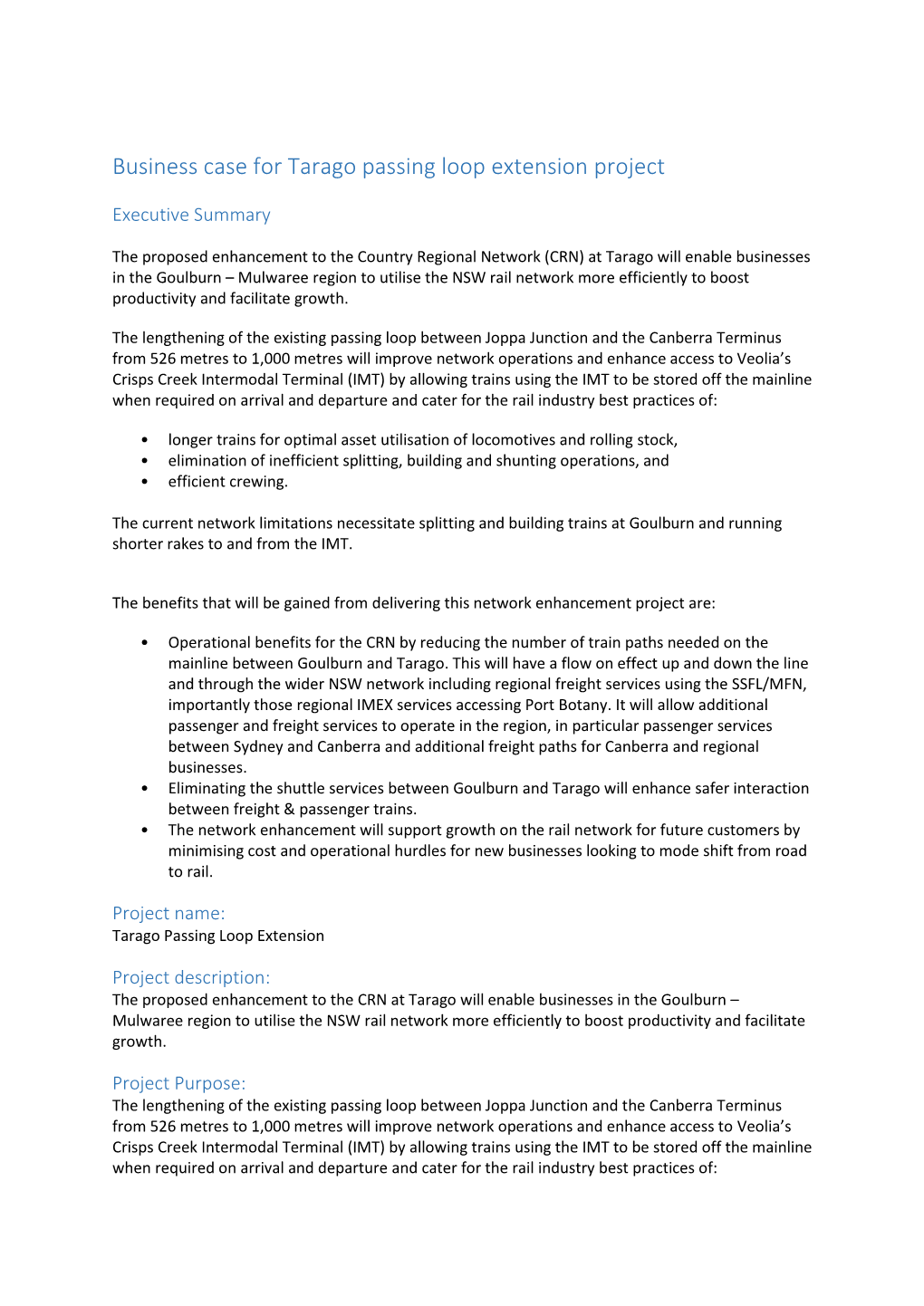 Executive Summary of the Tarago Passing Loop Extension Project