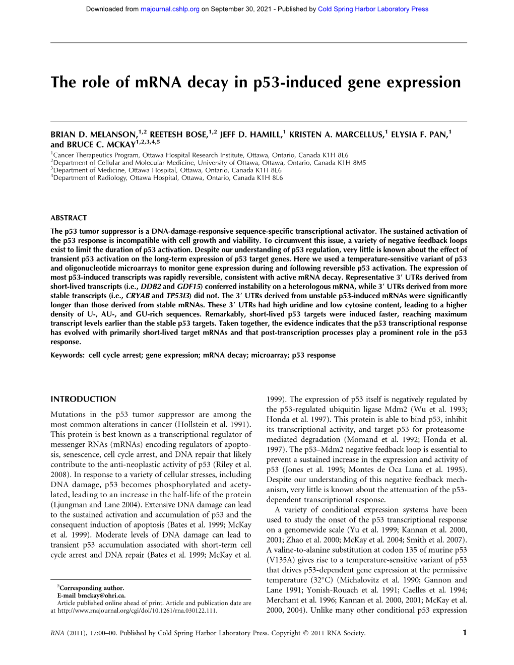The Role of Mrna Decay in P53-Induced Gene Expression