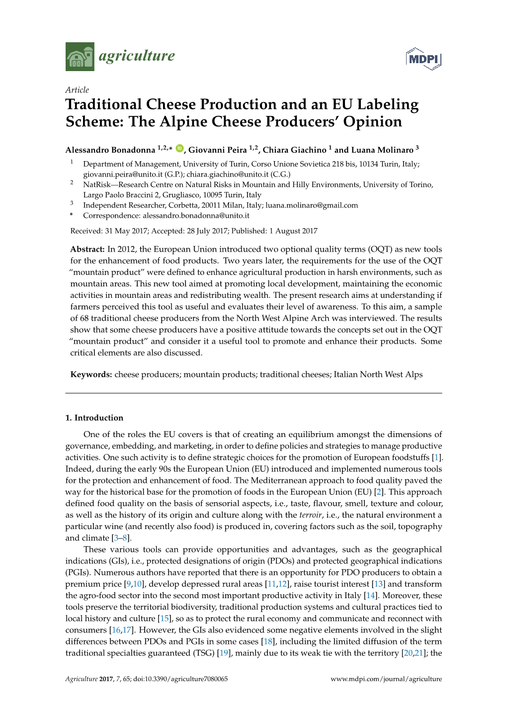 Traditional Cheese Production and an EU Labeling Scheme: the Alpine Cheese Producers' Opinion
