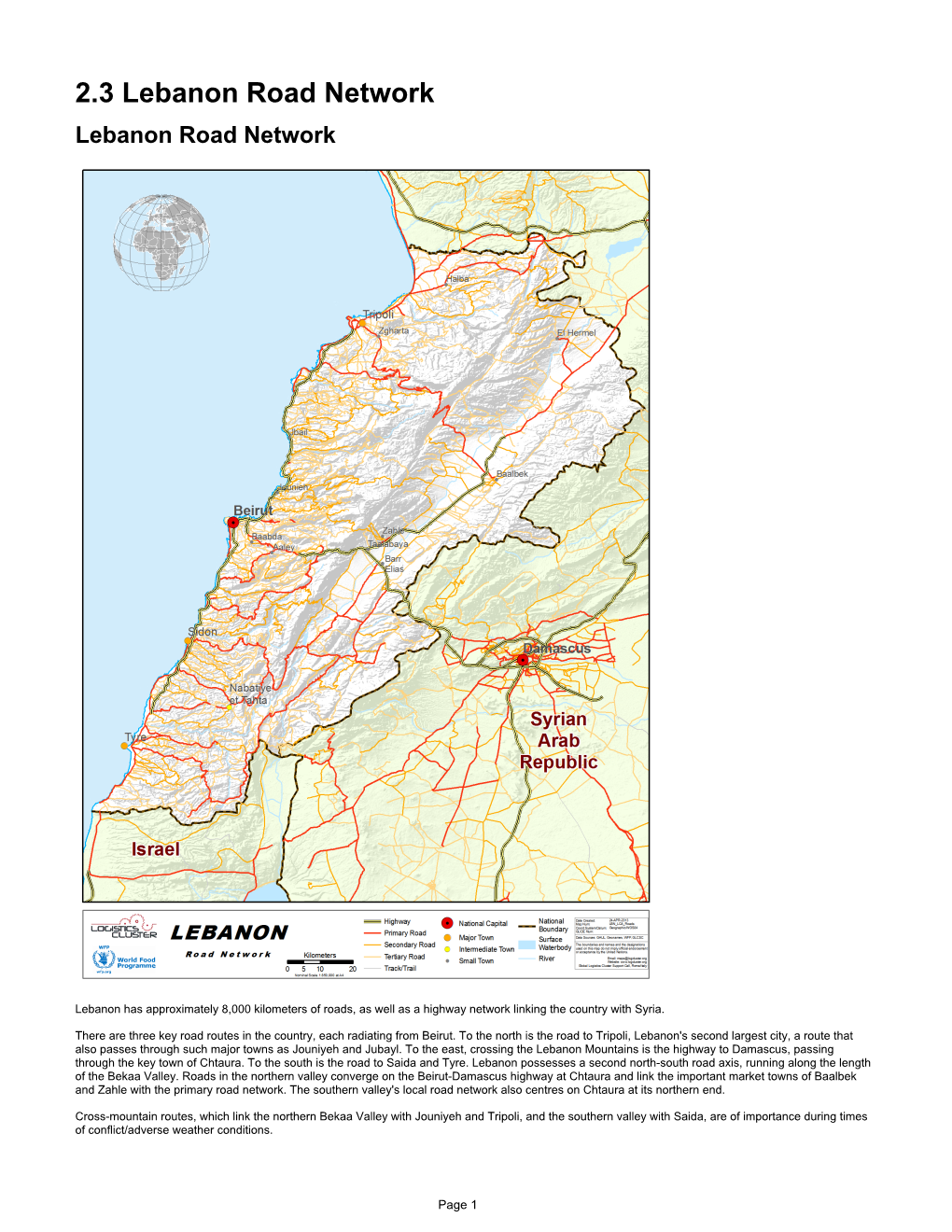 2.3 Lebanon Road Network Lebanon Road Network