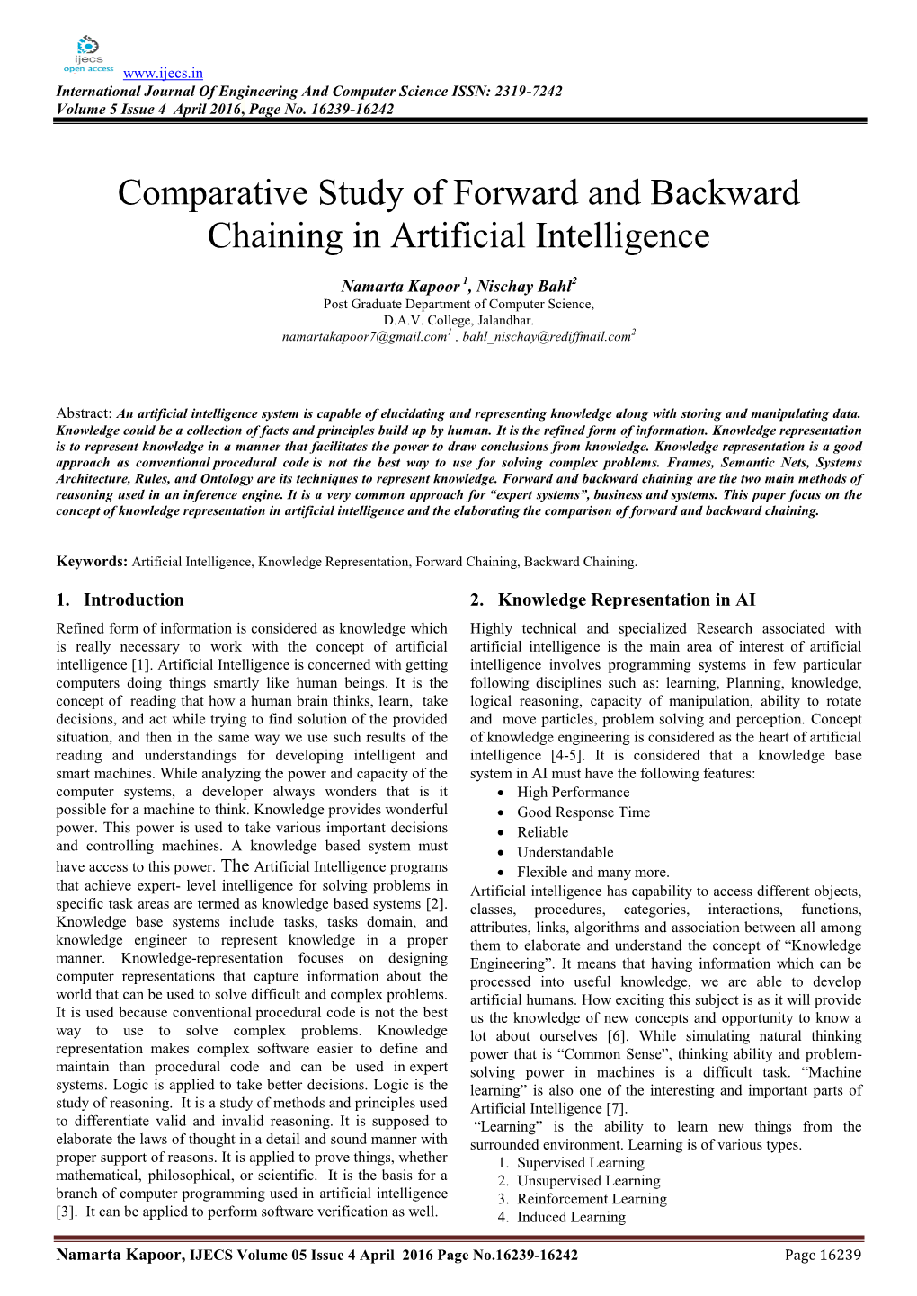 Comparative Study of Forward and Backward Chaining in Artificial Intelligence