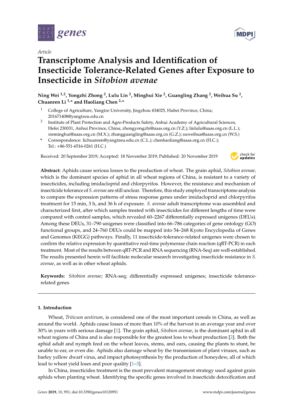 Transcriptome Analysis and Identification of Insecticide Tolerance-Related Genes After Exposure to Insecticide in Sitobion Avenae