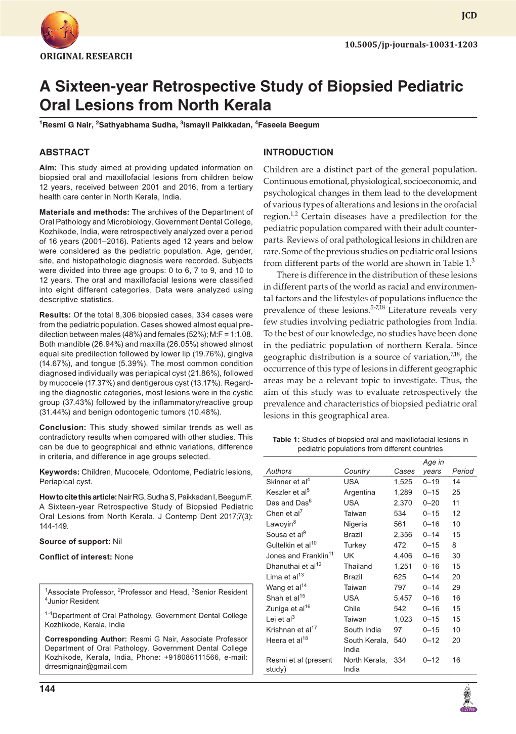 A Sixteen-Year Retrospective Study of Biopsied Pediatric Oral Lesions from North Kerala 1Resmi G Nair, 2Sathyabhama Sudha, 3Ismayil Paikkadan, 4Faseela Beegum