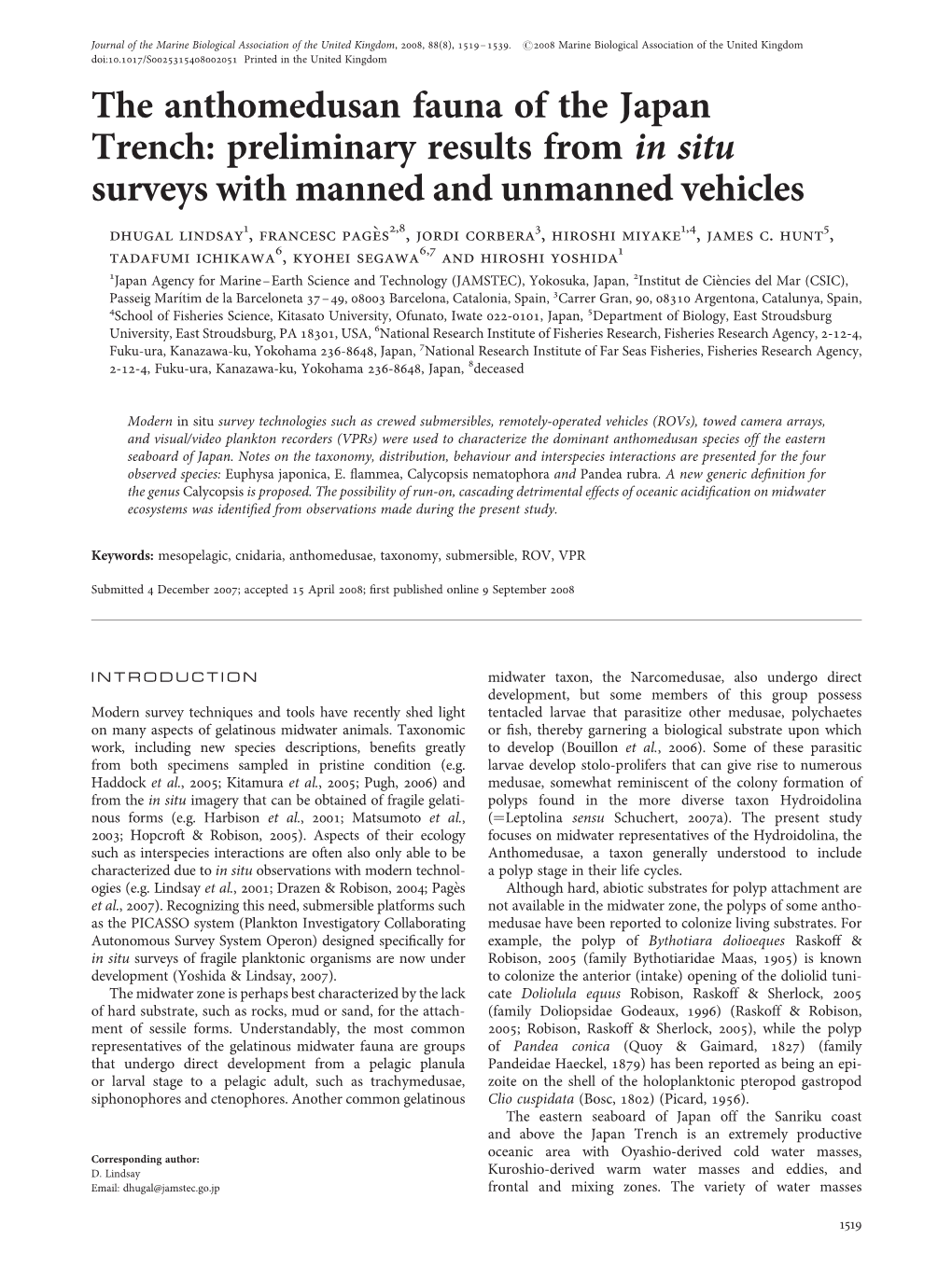 The Anthomedusan Fauna of the Japan Trench: Preliminary Results