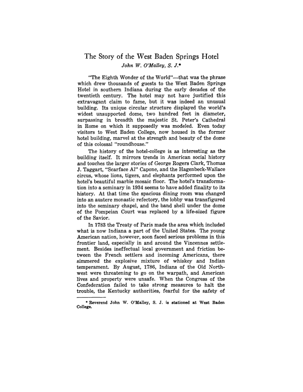 The Story of the West Baden Springs Hotel John W.O’Malley, S