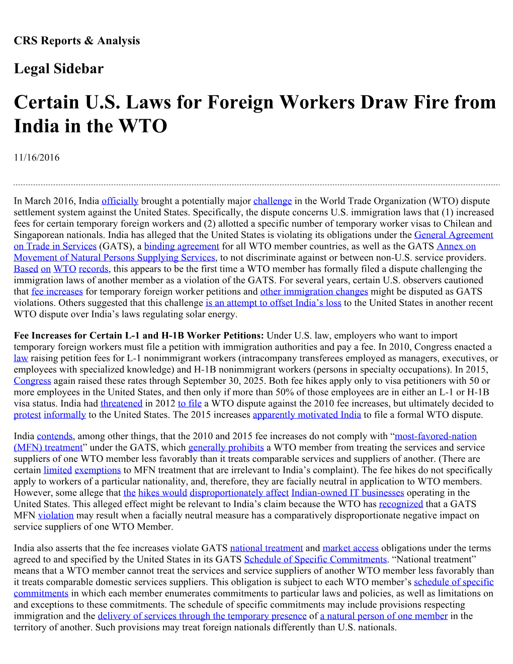 Certain U.S. Laws for Foreign Workers Draw Fire from India in the WTO