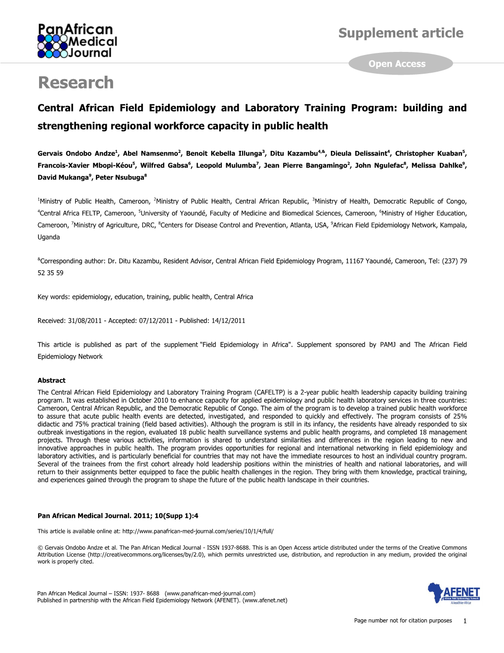 Research Central African Field Epidemiology and Laboratory Training Program: Building and Strengthening Regional Workforce Capacity in Public Health