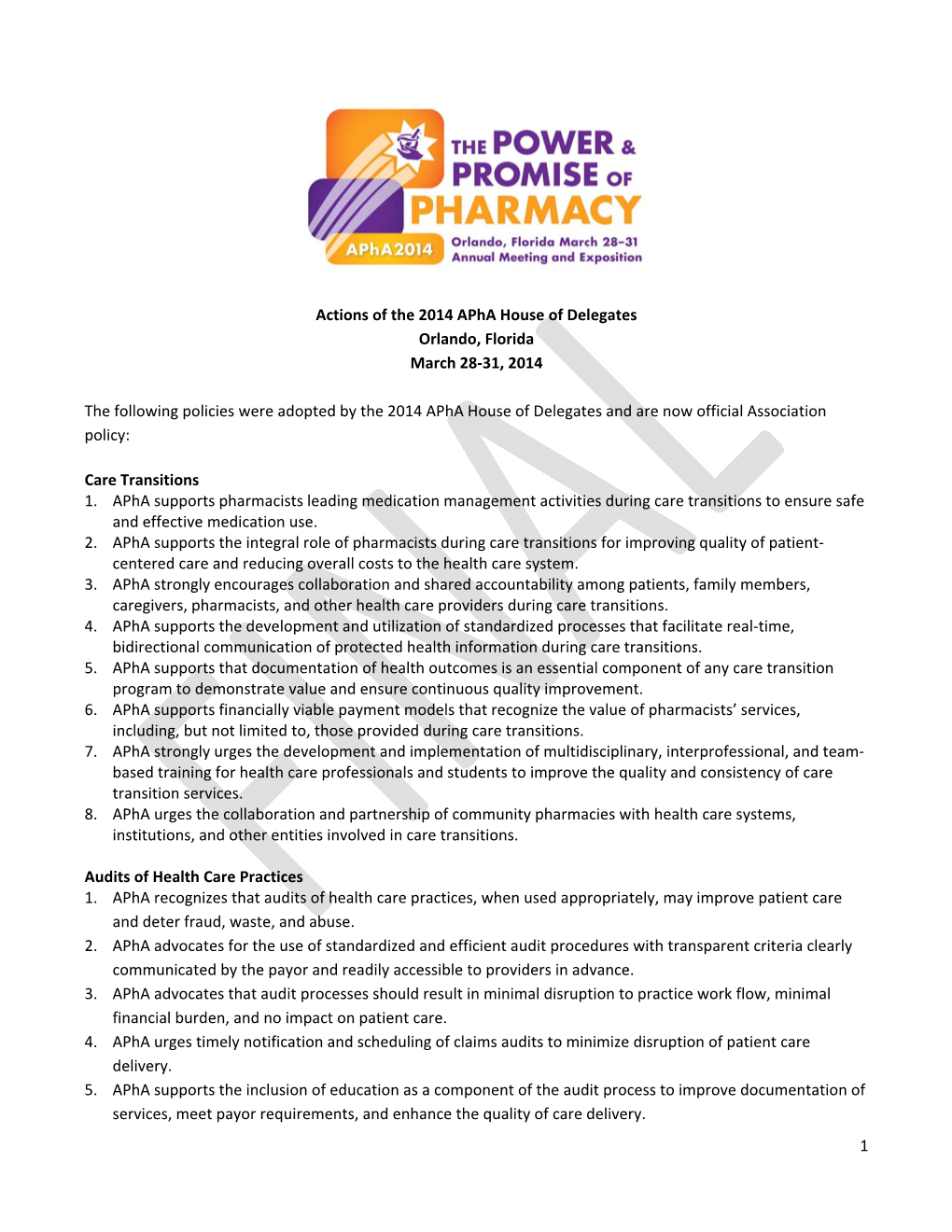 Apha House of Delegates Orlando, Florida March 28‐31, 2014