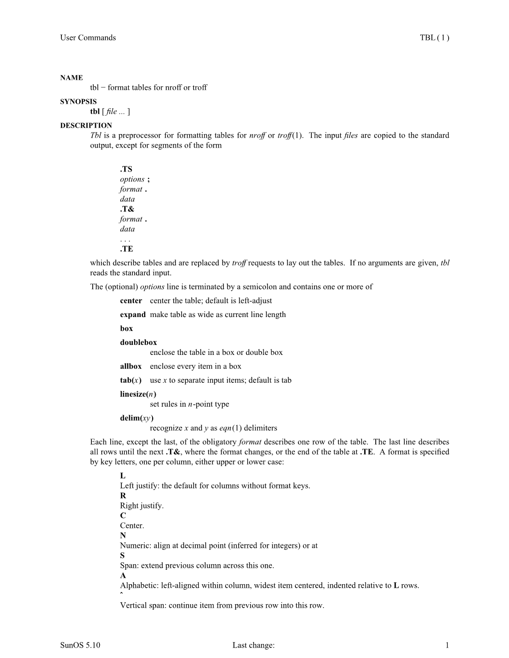 User Commands TBL ( 1 ) Tbl − Format Tables for Nroff Or Troff Tbl [ File ... ] Tbl Is a Preprocessor for Formatting Tables Fo