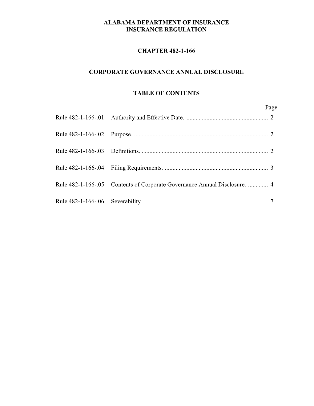 Alabama Department of Insurance Insurance Regulation Chapter 482-1-166 Corporate Governance Annual Disclosure Table of Contents