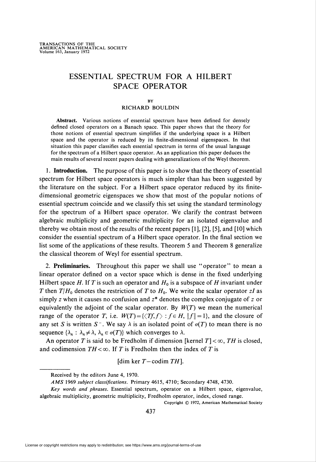 Essential Spectrum for a Hilbert Space Operator