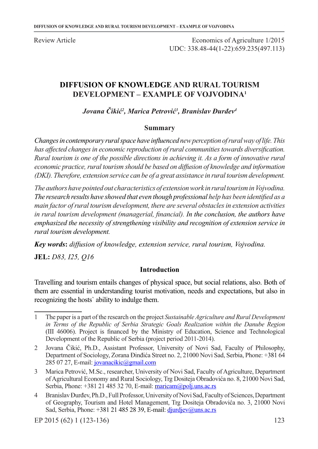 Diffusion of Knowledge and Rural Tourism Development – Example of Vojvodina