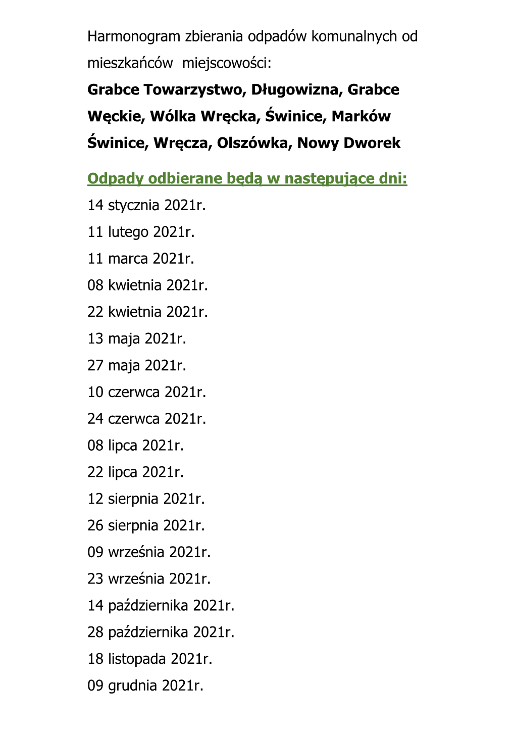 Harmonogram Zbierania Odpadów Komunalnych Od Mieszkańców