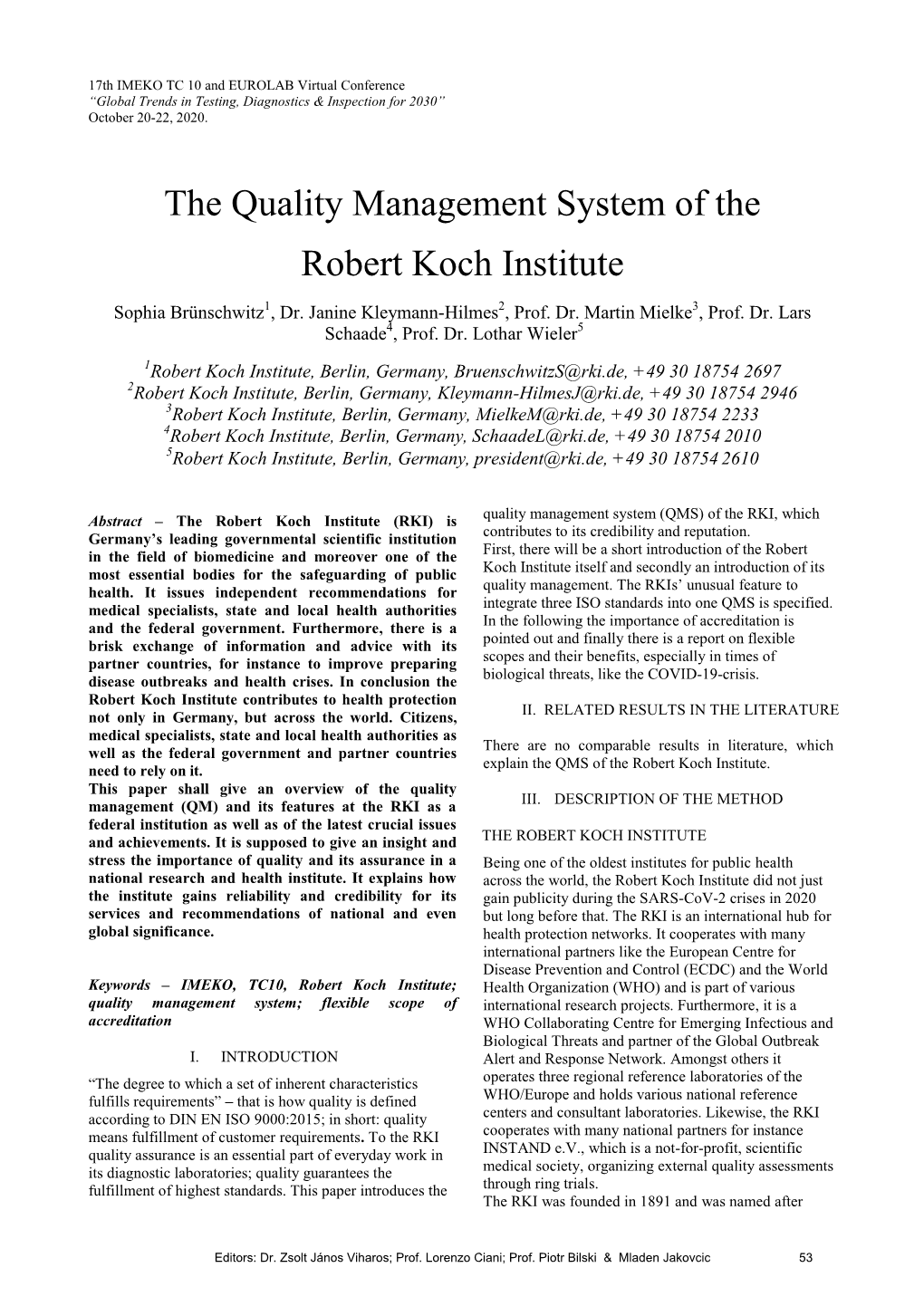 The Quality Management System of the Robert Koch Institute