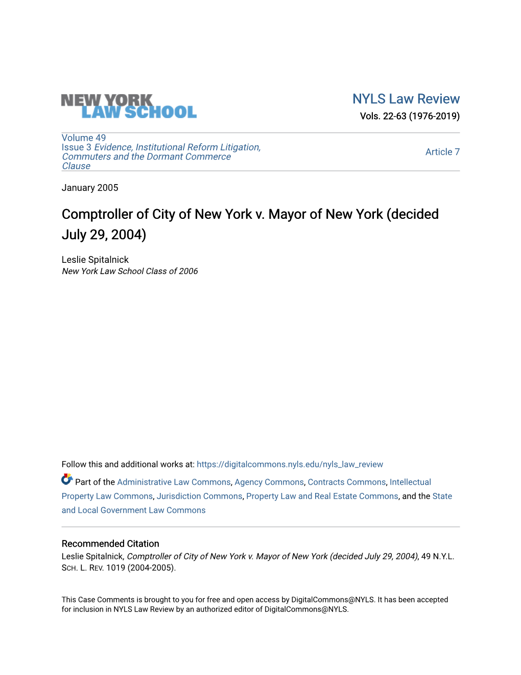 Comptroller of City of New York V. Mayor of New York (Decided July 29, 2004)