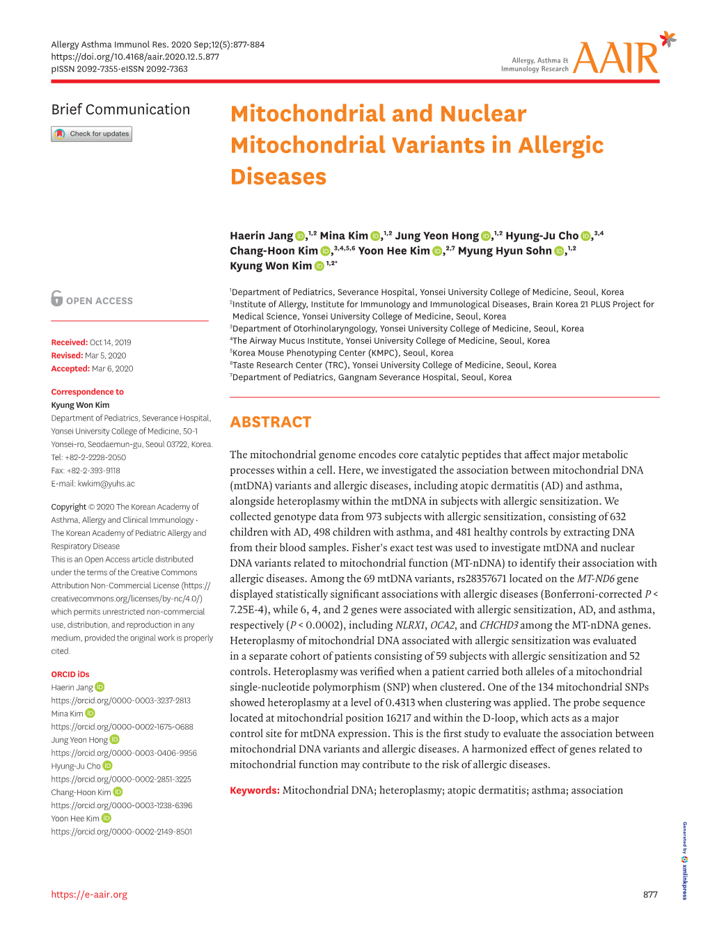 Mitochondrial and Nuclear Mitochondrial Variants in Allergic Diseases