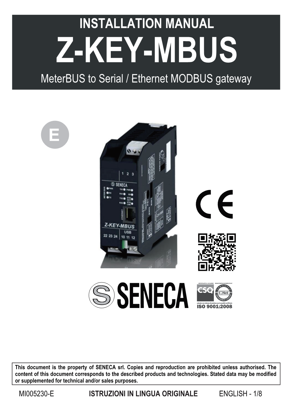 INSTALLATION MANUAL Z-KEY-MBUS Meterbus to Serial / Ethernet MODBUS Gateway