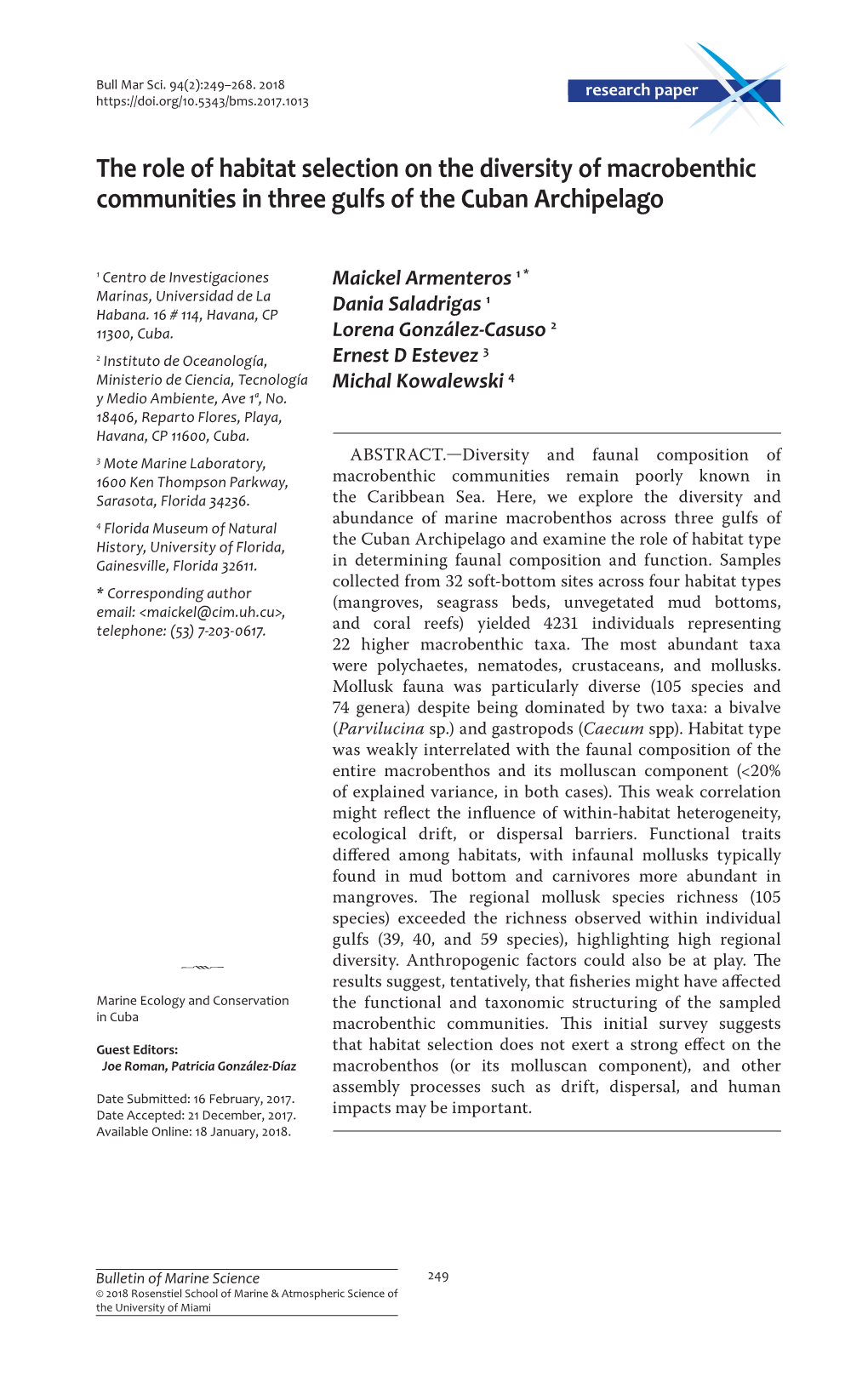 The Role of Habitat Selection on the Diversity of Macrobenthic Communities in Three Gulfs of the Cuban Archipelago