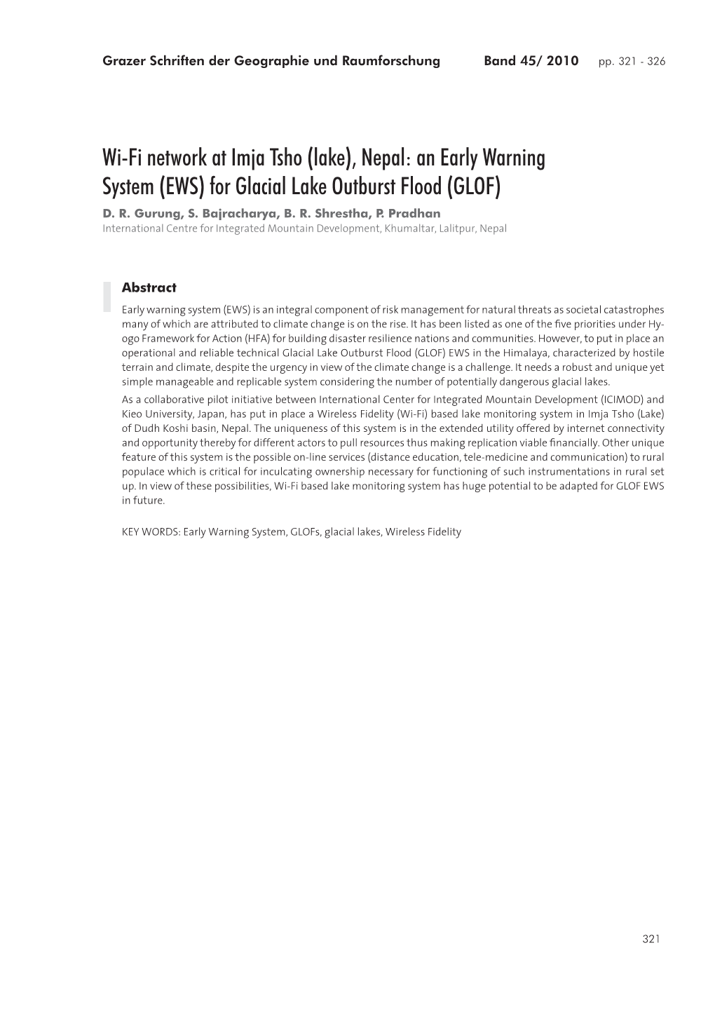 Wi-Fi Network at Imja Tsho (Lake), Nepal: an Early Warning System (EWS) for Glacial Lake Outburst Flood (GLOF) D