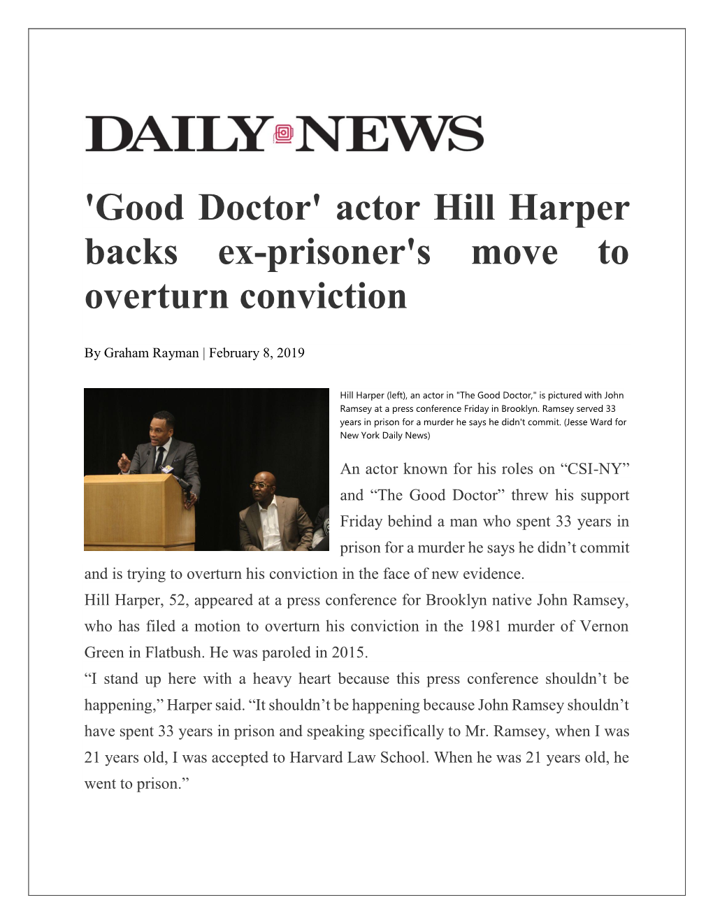 Actor Hill Harper Backs Ex-Prisoner's Move to Overturn Conviction