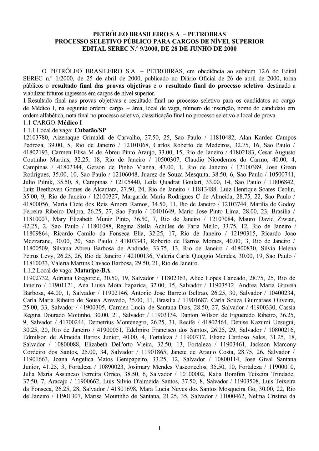 1 Petróleo Brasileiro S.A. – Petrobras Processo Seletivo Público Para Cargos De Nível Superior Edital Serec N.º 9/2000, De