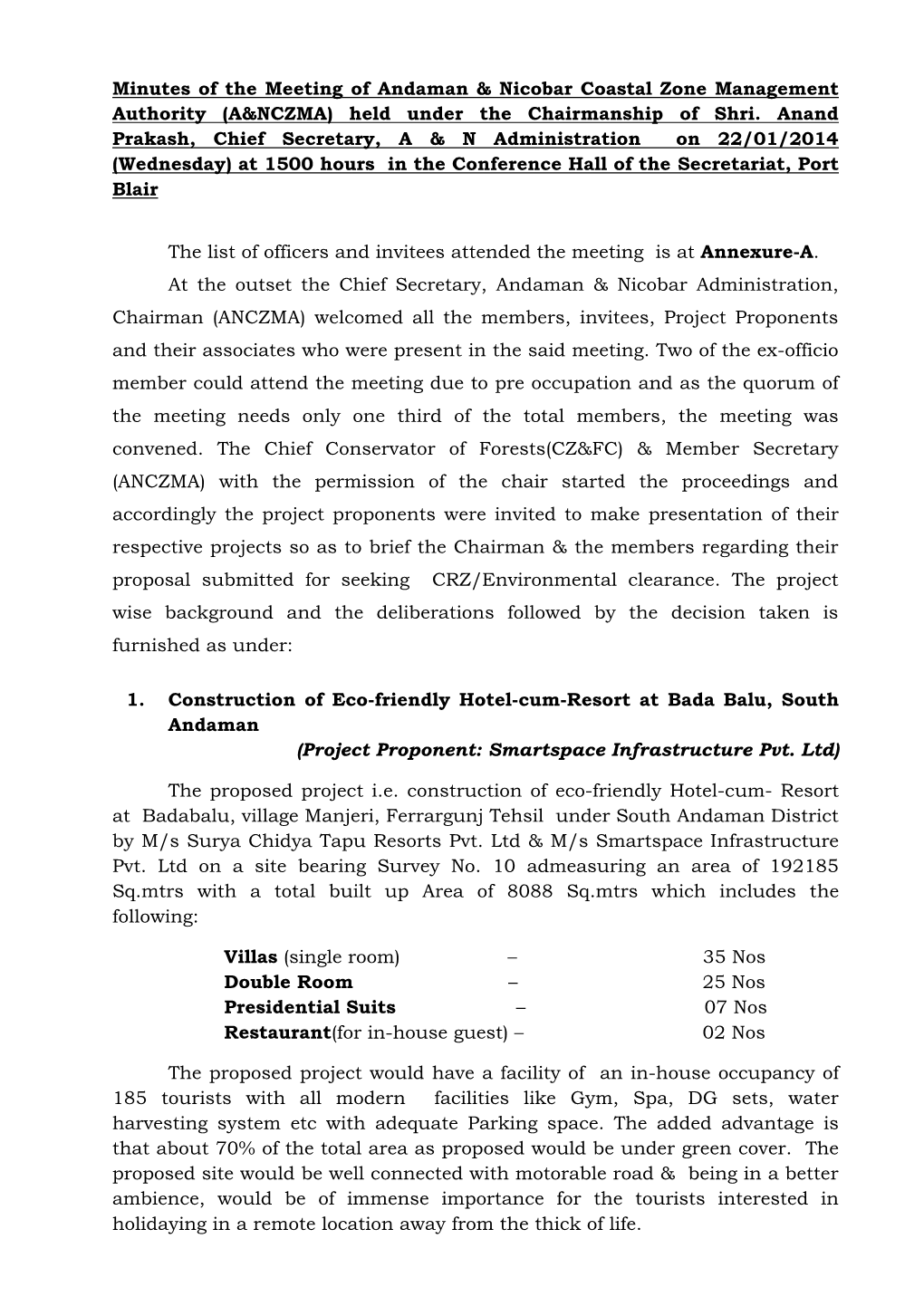 Minutes of the Meeting of Andaman & Nicobar Coastal Zone Management