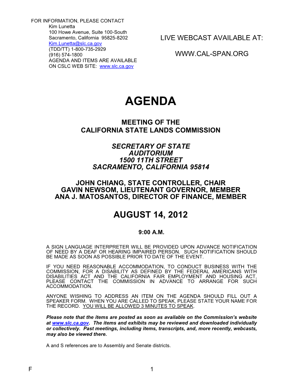 CA State Lands Commission Meeting Agenda