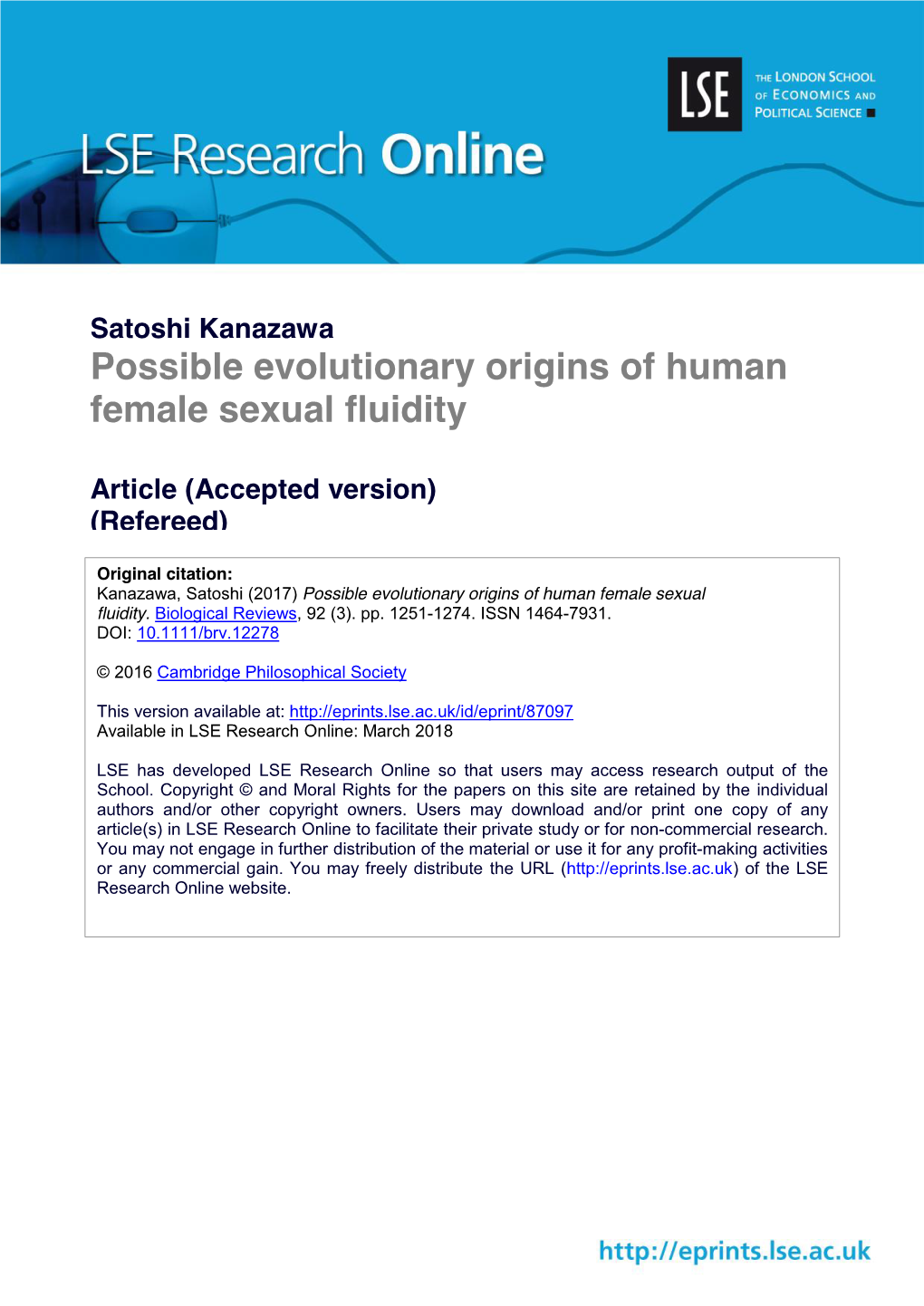 Possible Evolutionary Origins of Human Female Sexual Fluidity