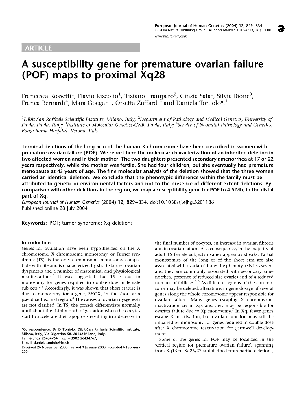 A Susceptibility Gene for Premature Ovarian Failure (POF) Maps to Proximal Xq28