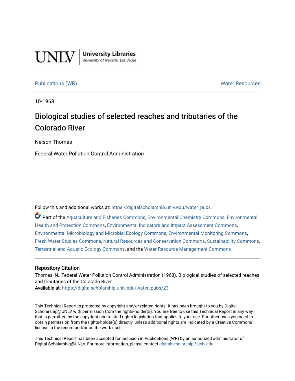 Biological Studies of Selected Reaches and Tributaries of the Colorado River