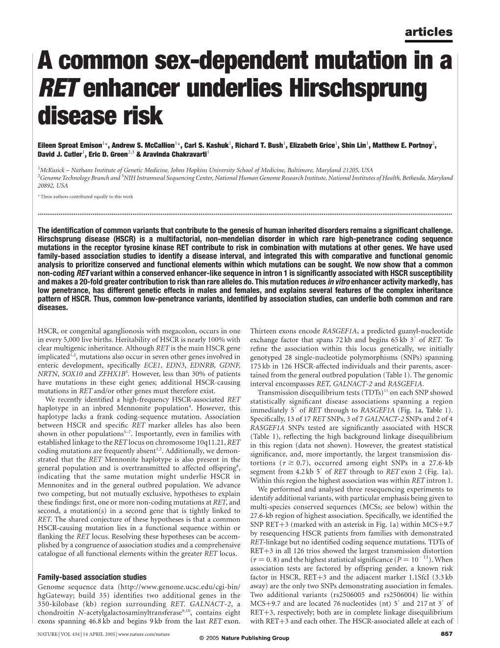 A Common Sex-Dependent Mutation in a RET Enhancer Underlies Hirschsprung Disease Risk