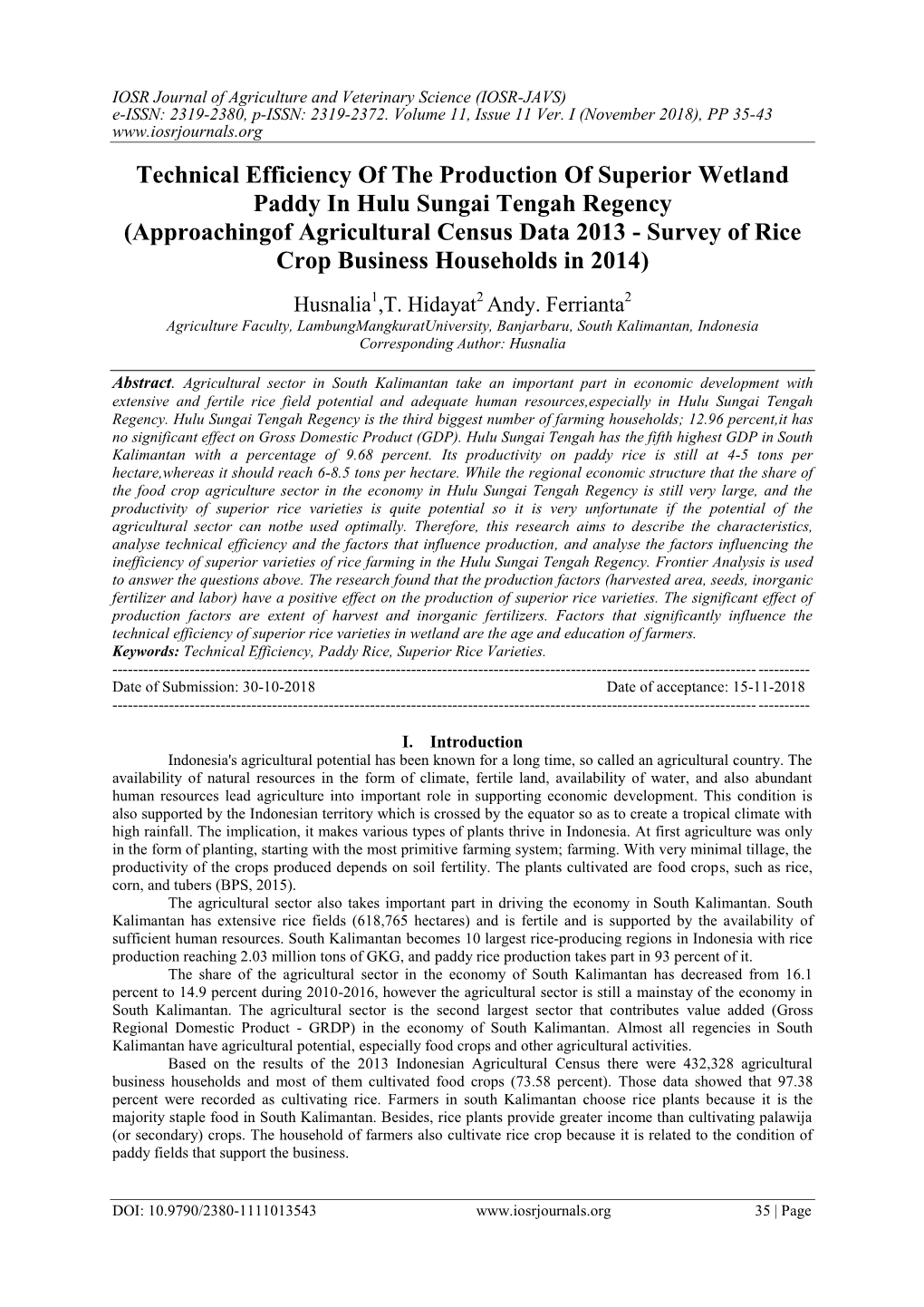 Technical Efficiency of the Production of Superior Wetland Paddy in Hulu