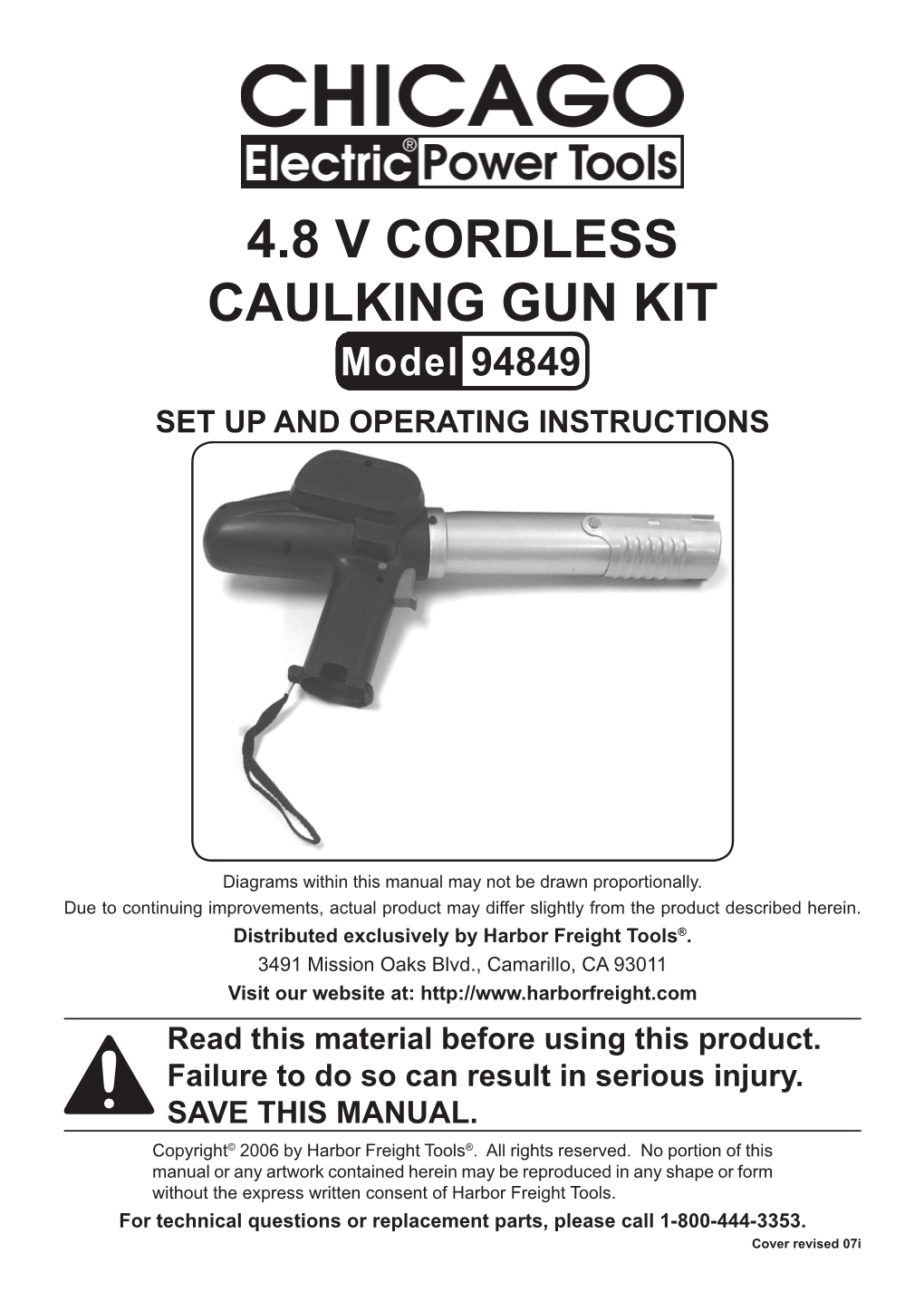 4.8 V Cordless Caulking Gun Kit Model 94849 Set up and Operating Instructions