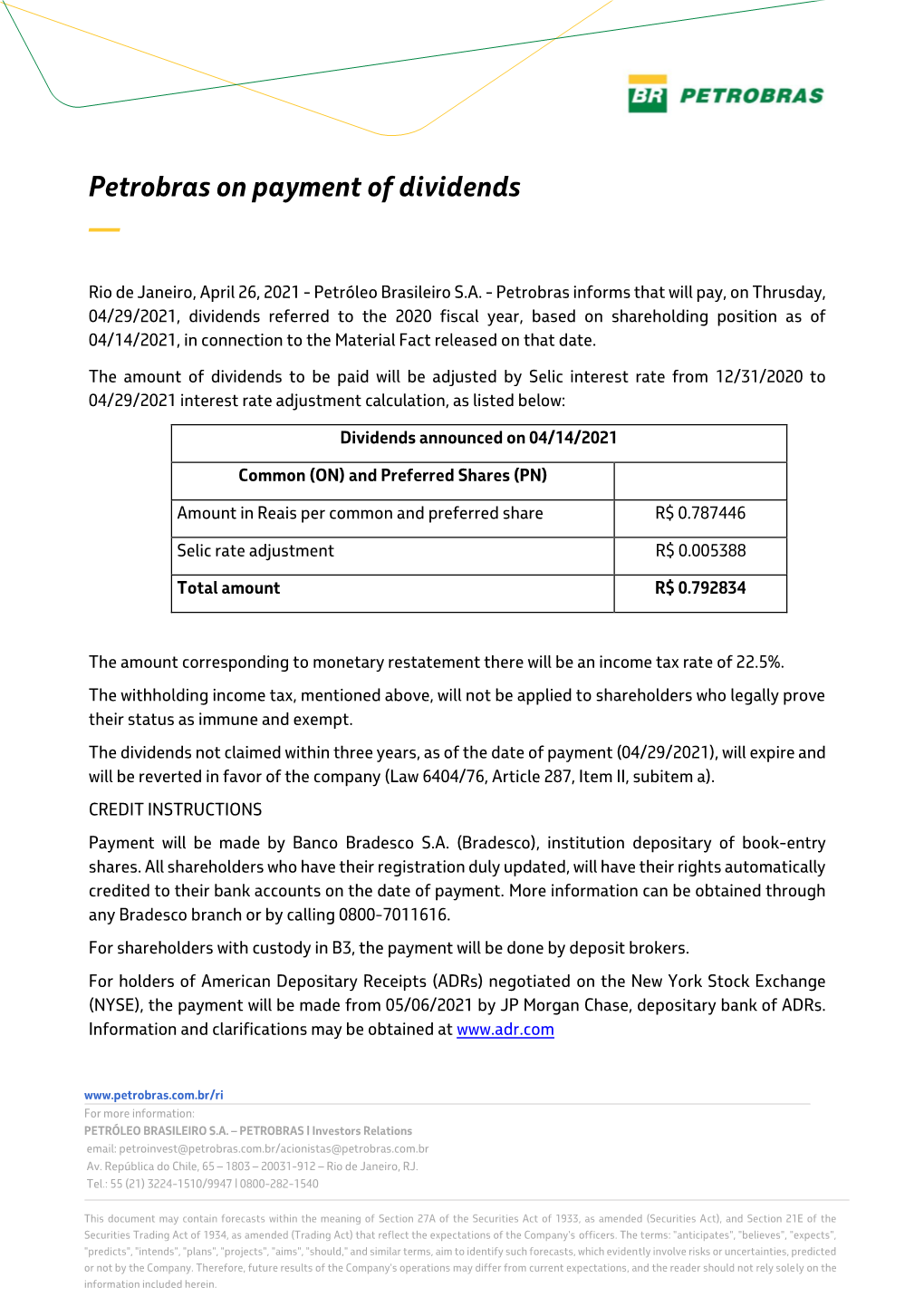 Petrobras on Payment of Dividends —