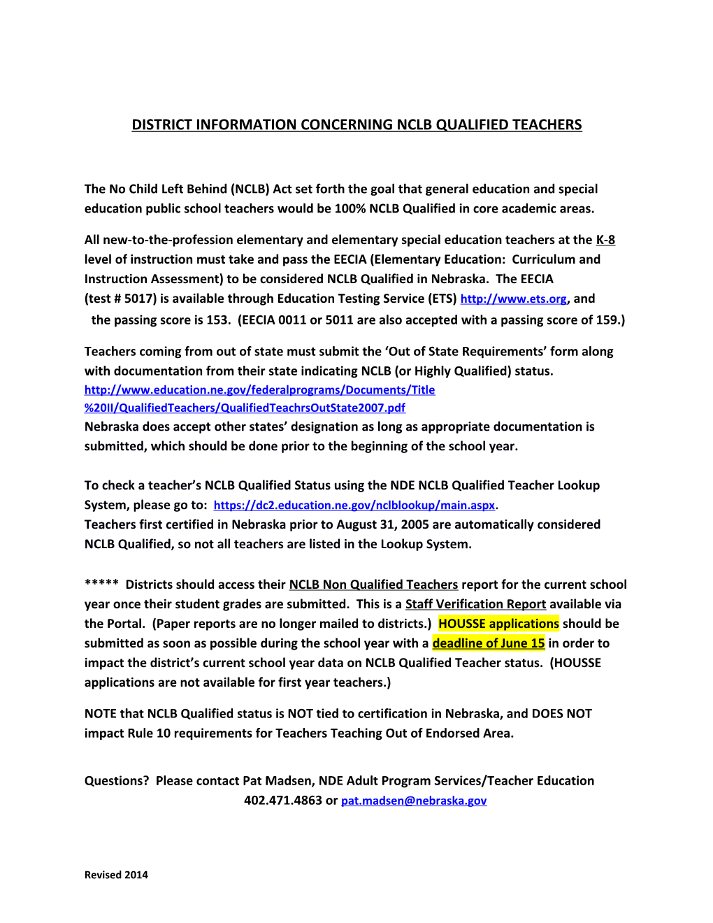 District Information Concerning Nclb Qualified Teachers