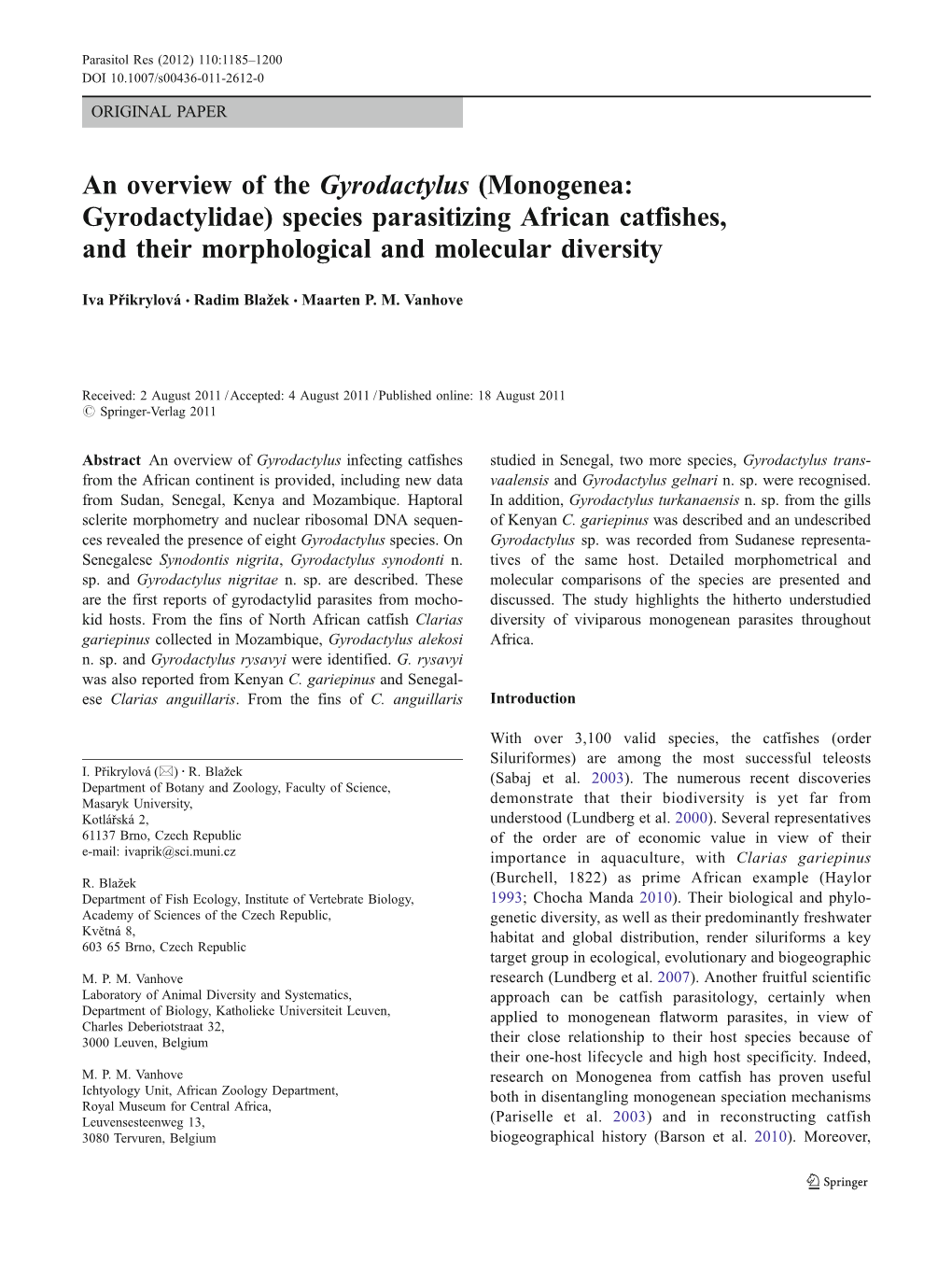 Monogenea: Gyrodactylidae) Species Parasitizing African Catfishes, and Their Morphological and Molecular Diversity