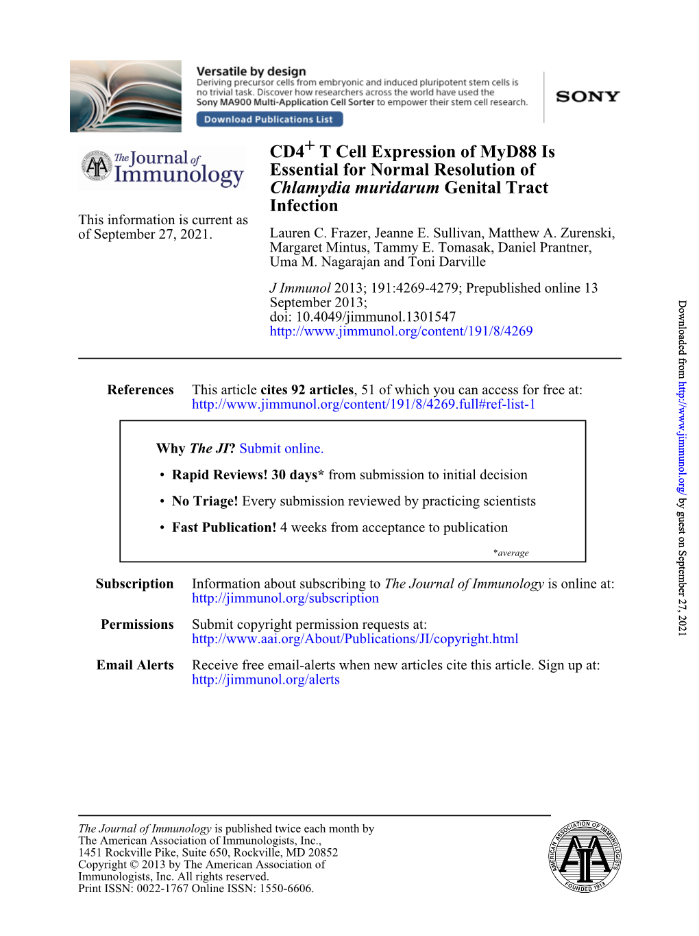 Infection Genital Tract Chlamydia Muridarum Essential for Normal