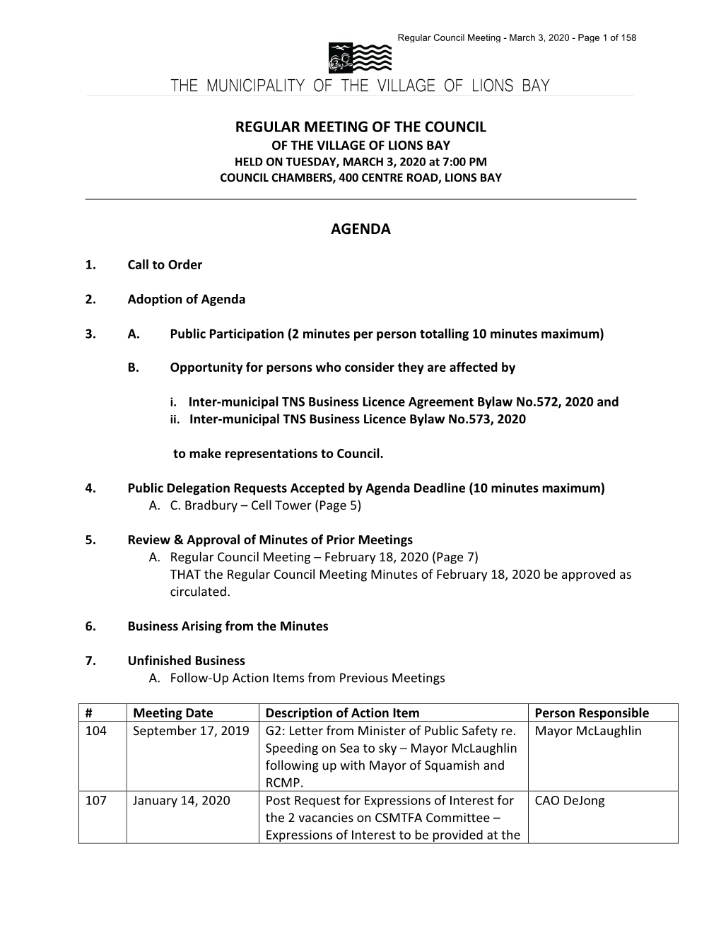 Regular Meeting of the Council Agenda