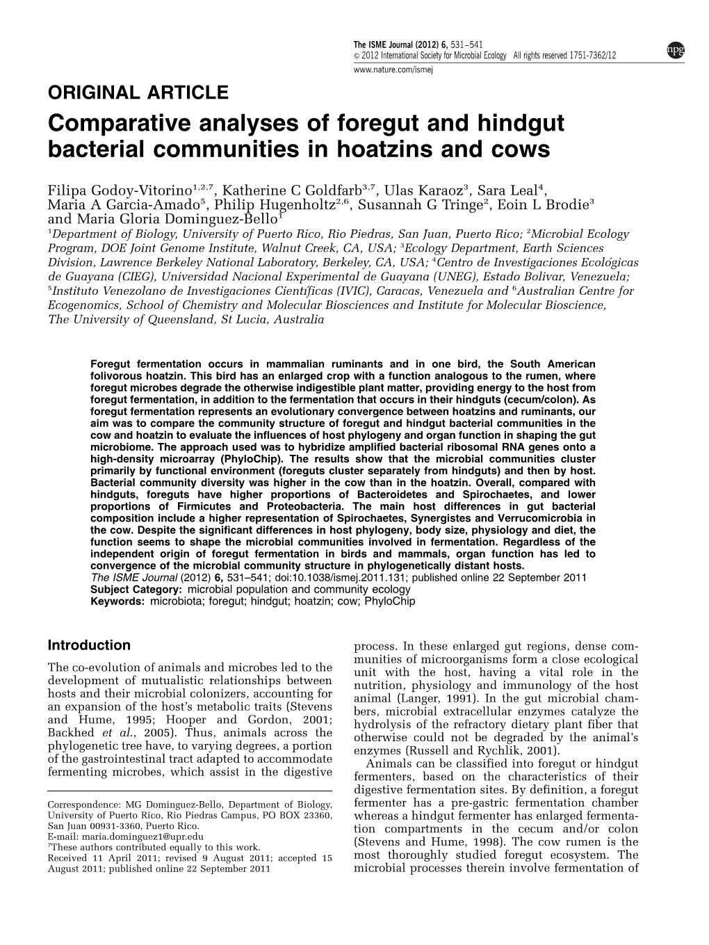 Comparative Analyses of Foregut and Hindgut Bacterial Communities in Hoatzins and Cows