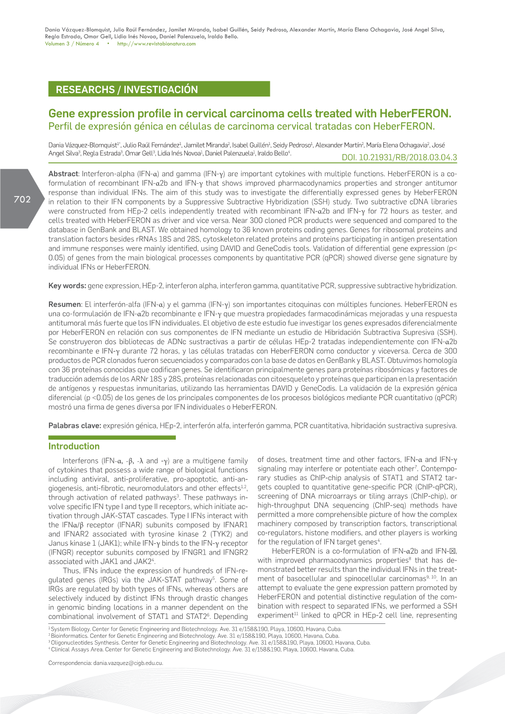 Gene Expression Profile in Cervical Carcinoma Cells Treated with Heberferon. Perfil De Expresión Génica En Células De Carcinoma Cervical Tratadas Con Heberferon