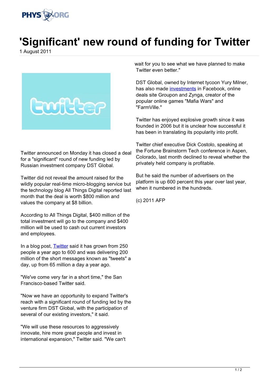 New Round of Funding for Twitter 1 August 2011