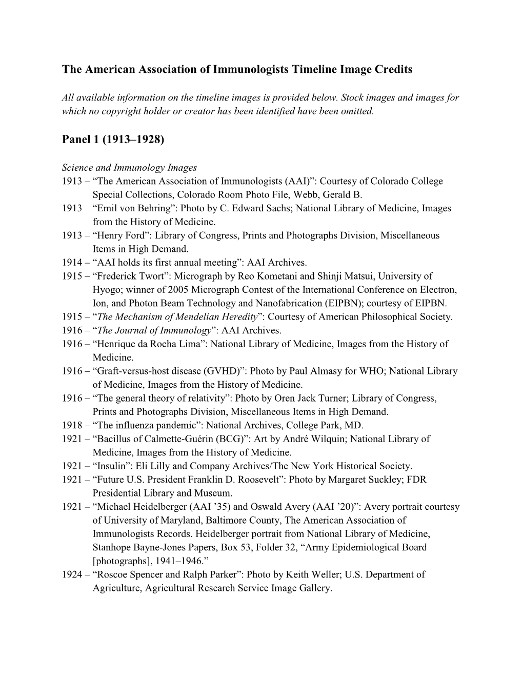 The American Association of Immunologists Timeline Image Credits