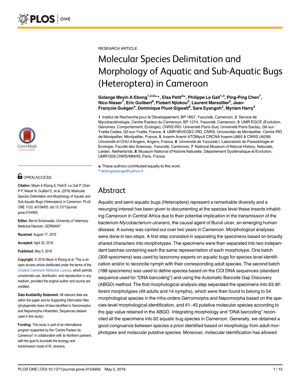Molecular Species Delimitation and Morphology of Aquatic and Sub-Aquatic Bugs (Heteroptera) in Cameroon