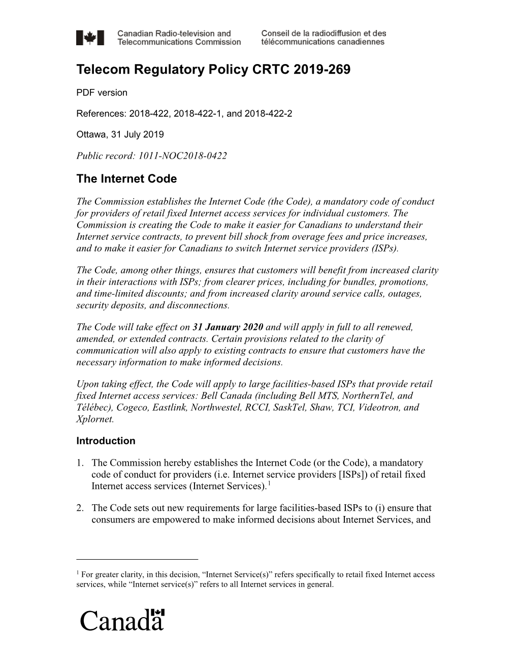 Telecom Regulatory Policy CRTC 2019-269