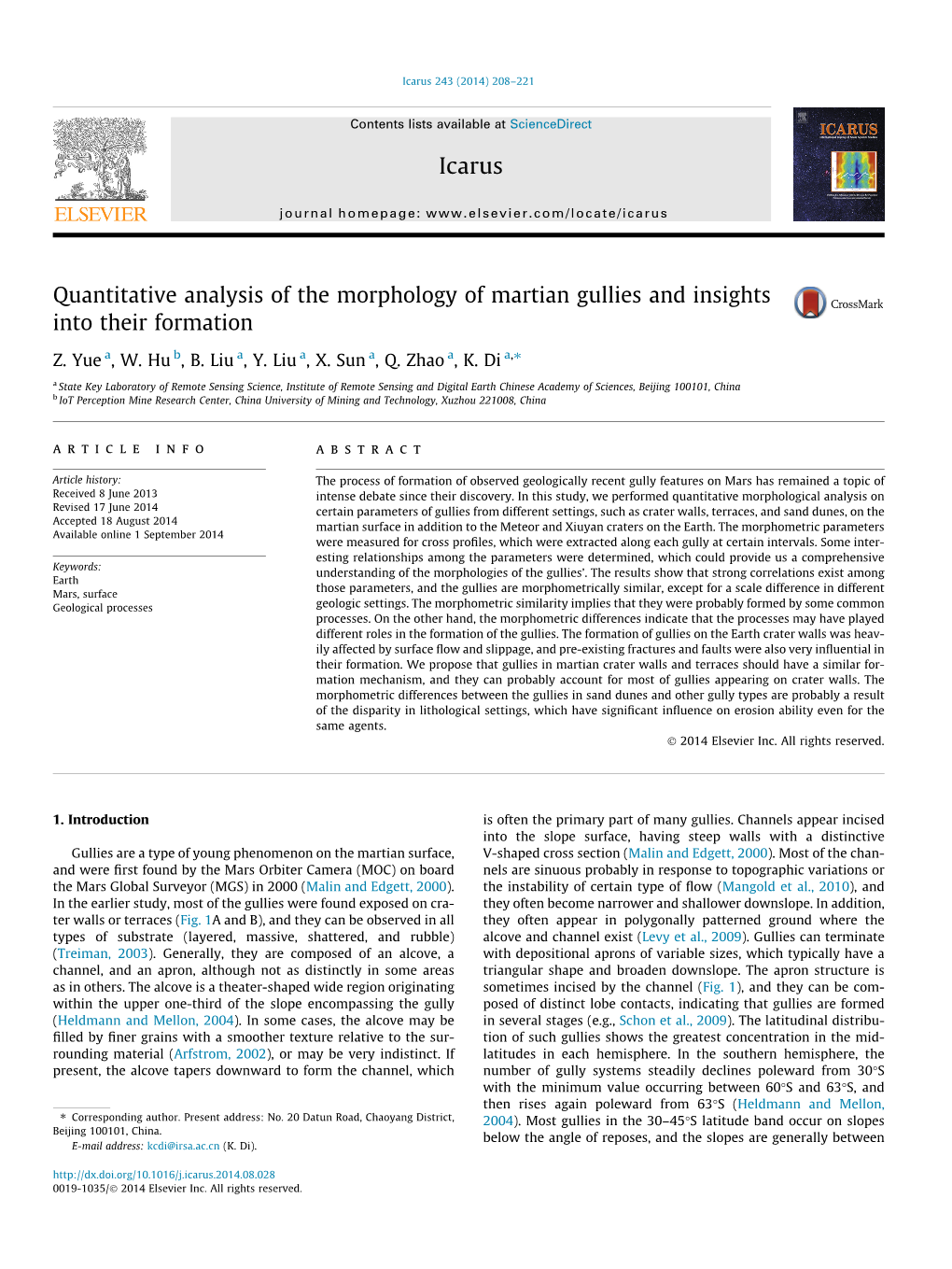 Quantitative Analysis of the Morphology of Martian Gullies and Insights Into Their Formation ⇑ Z