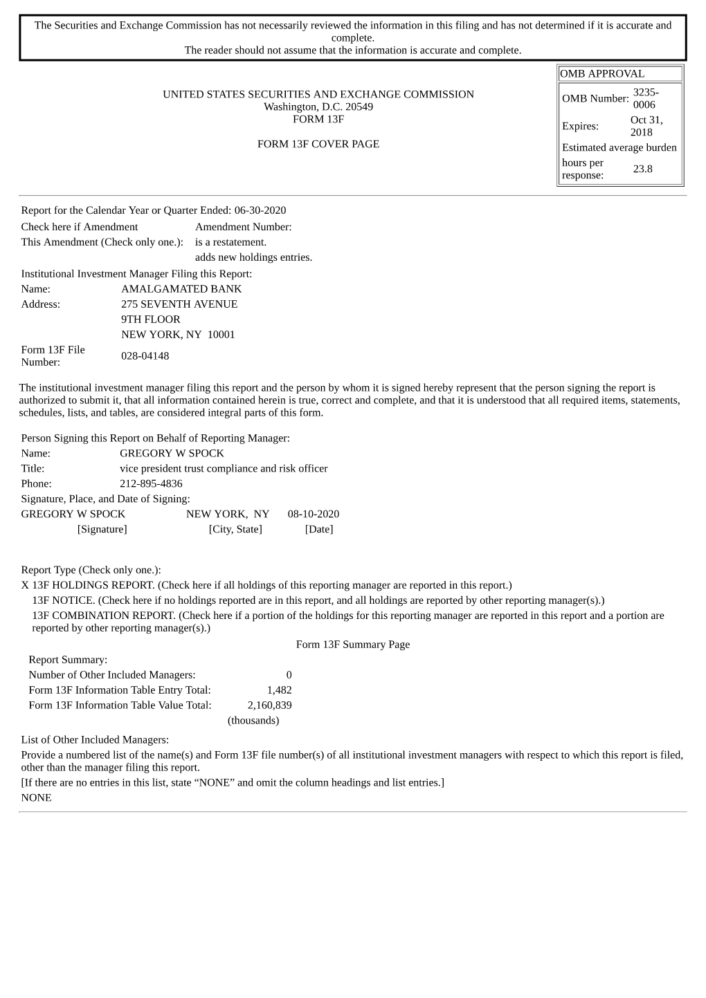 The Securities and Exchange Commission Has Not Necessarily Reviewed the Information in This Filing and Has Not Determined If It Is Accurate and Complete